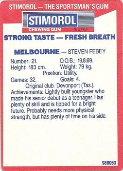 1990 AFL Scanlens Stimorol #44 Steven Febey Back